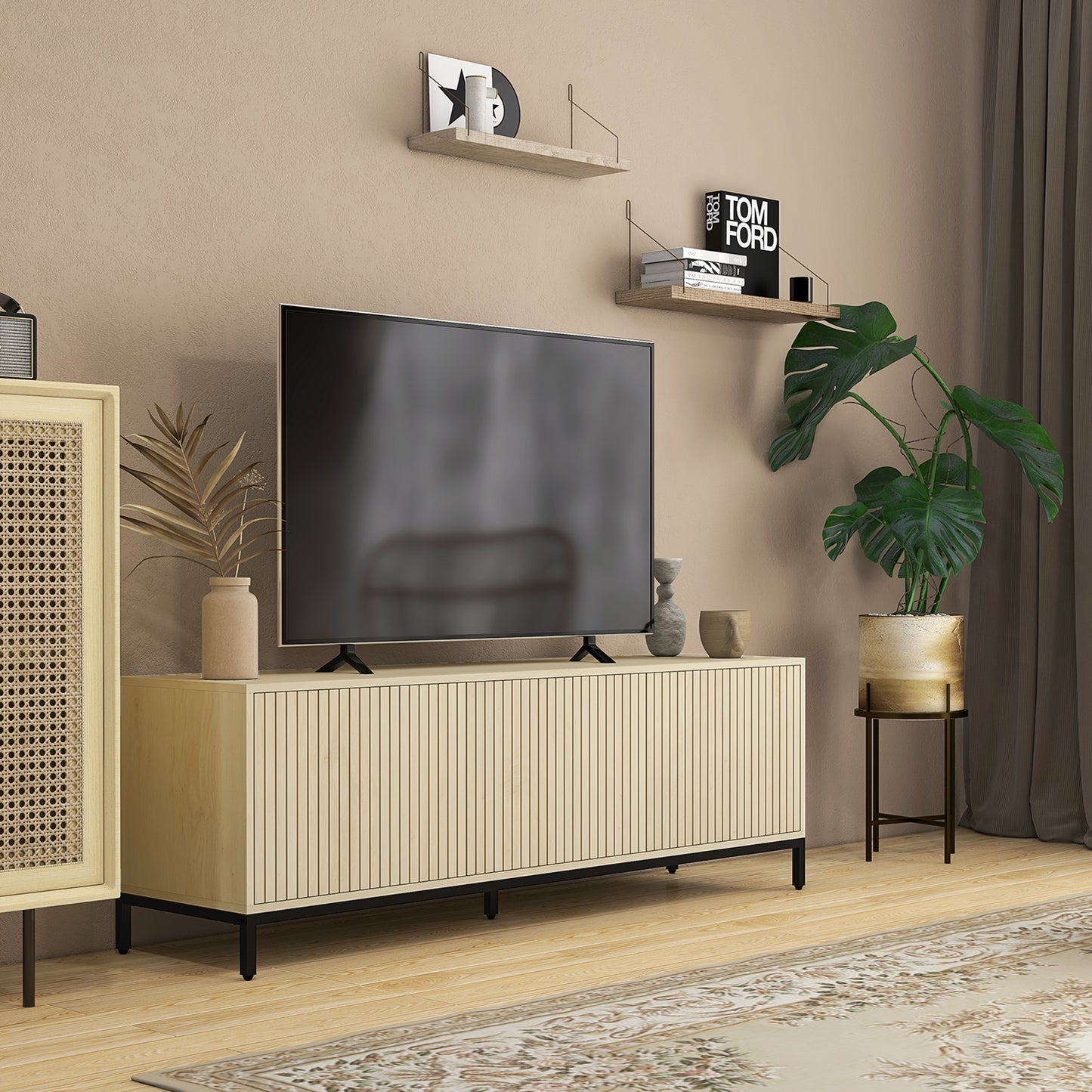 TV-meubel – Tv-standaard – Tv-kast – Mediameubel – Natuurlijk Hout – Geschikt Voor 65 Inch – Verstelbare Planken & Kabeldoorvoer