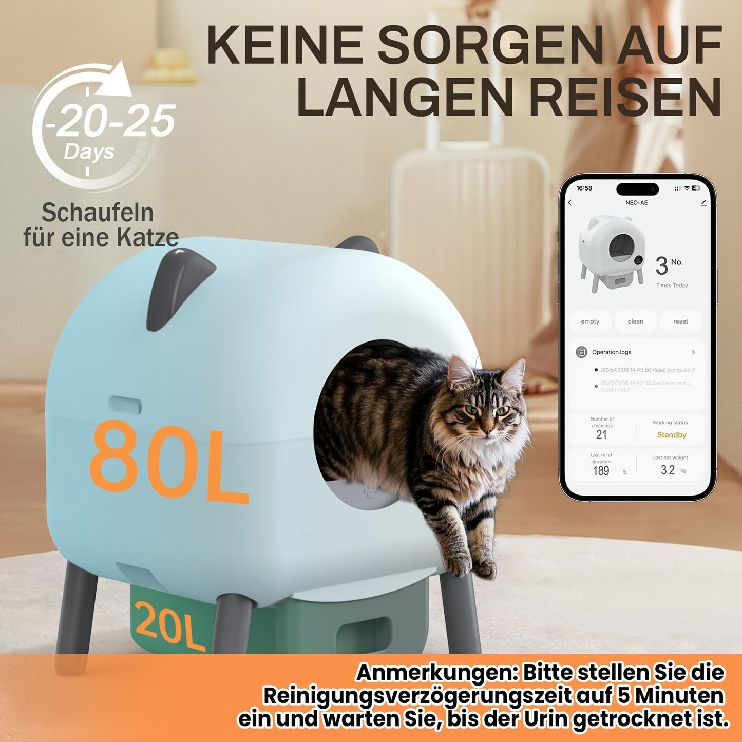Automatische Kattenbak – Zelfreinigende Kattenbak – Elektrische Kattenbak – Kattenbak met App – XXL Kattenbak – Extra Grote Capaciteit 100L – Slimme Monitoring