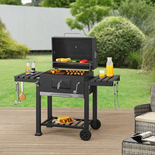 Grillwagen – Houtskoolbarbecue – Barbecuewagen – Tuingrill – BBQ Trolley – Zwart – Groot Grilloppervlak – Ingebouwde Thermometer