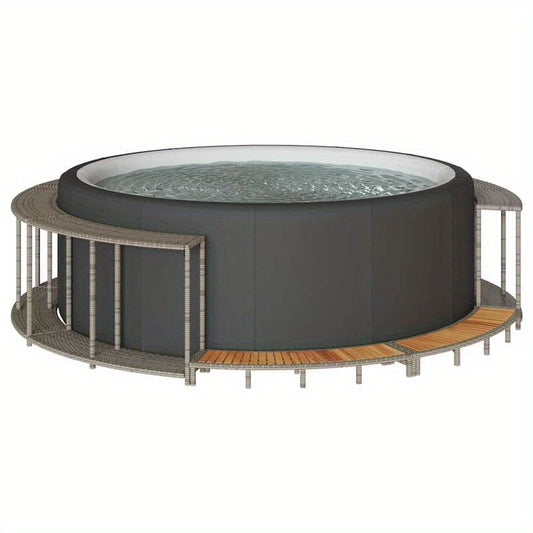 Hot Tub Omkasting – Badkuip Accessoires – Zwembad Trap – Opbergoplossing – Hottub Omranding – Grijs Poly Rattan – Houten Treden – Duurzaam Materiaal – Ruime Opbergruimte