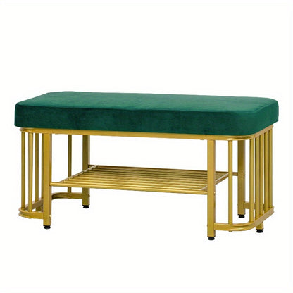 Schoenenbank – Halbank – Opbergbank – Bankje Met Kussen – Zitbank – Smal Design – Verstelbare Hoogte & Stijlvolle Groene Fluwelen Bekleding