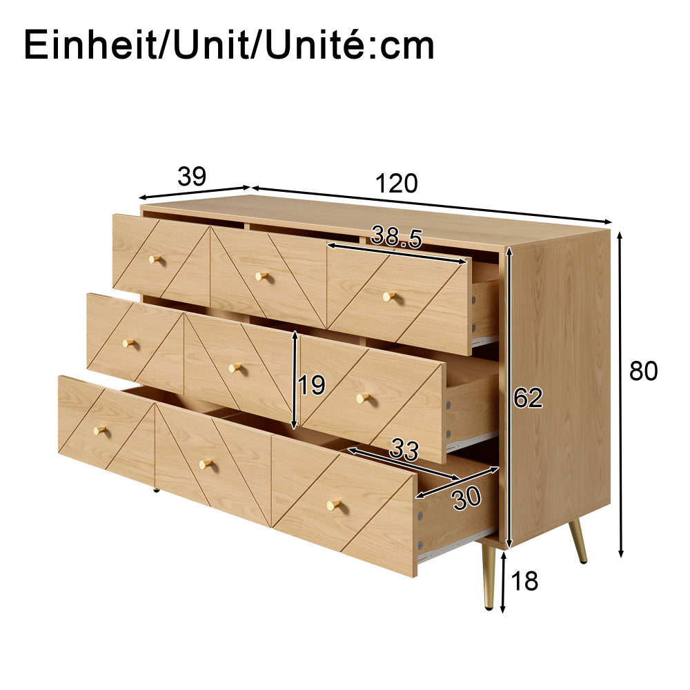 Commode – Ladekast – Dressoir – Sideboard – Opbergkast – Modern Design – 9 Laden Met Gouden Poten – Wit Beige – Soepel Schuifmechanisme – Zonder Hout – Zelfmontage