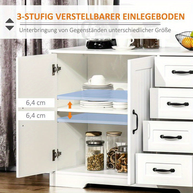 Modern White Sideboard Cabinet with 4 Drawers & Storage Door - Heavy-Duty Hardwood Construction, Contemporary Minimalist Design with Black Knobs, Space-Saving Vertical Storage for Living Room, Hallway, Small Spaces - Easy Ass