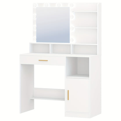 Sieradentafel – Kaptafel – Make-Up Tafel – Dressing Table – Vanity Table – Met Spiegel En 10 LED-Lampjes – 3 Dimbare Lichtstanden – Ruime Opbergruimte Met Lade En Kast
