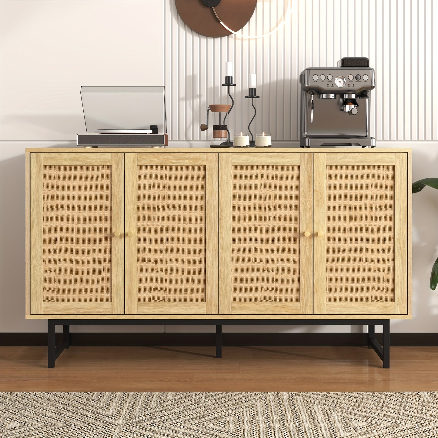 Dressoir – Dressoirs – Opbergkast – Ladekast – Wandkast – 140x39,5x80 cm – Echt Rotan En Hout – Ruime 4-Deurs Kast