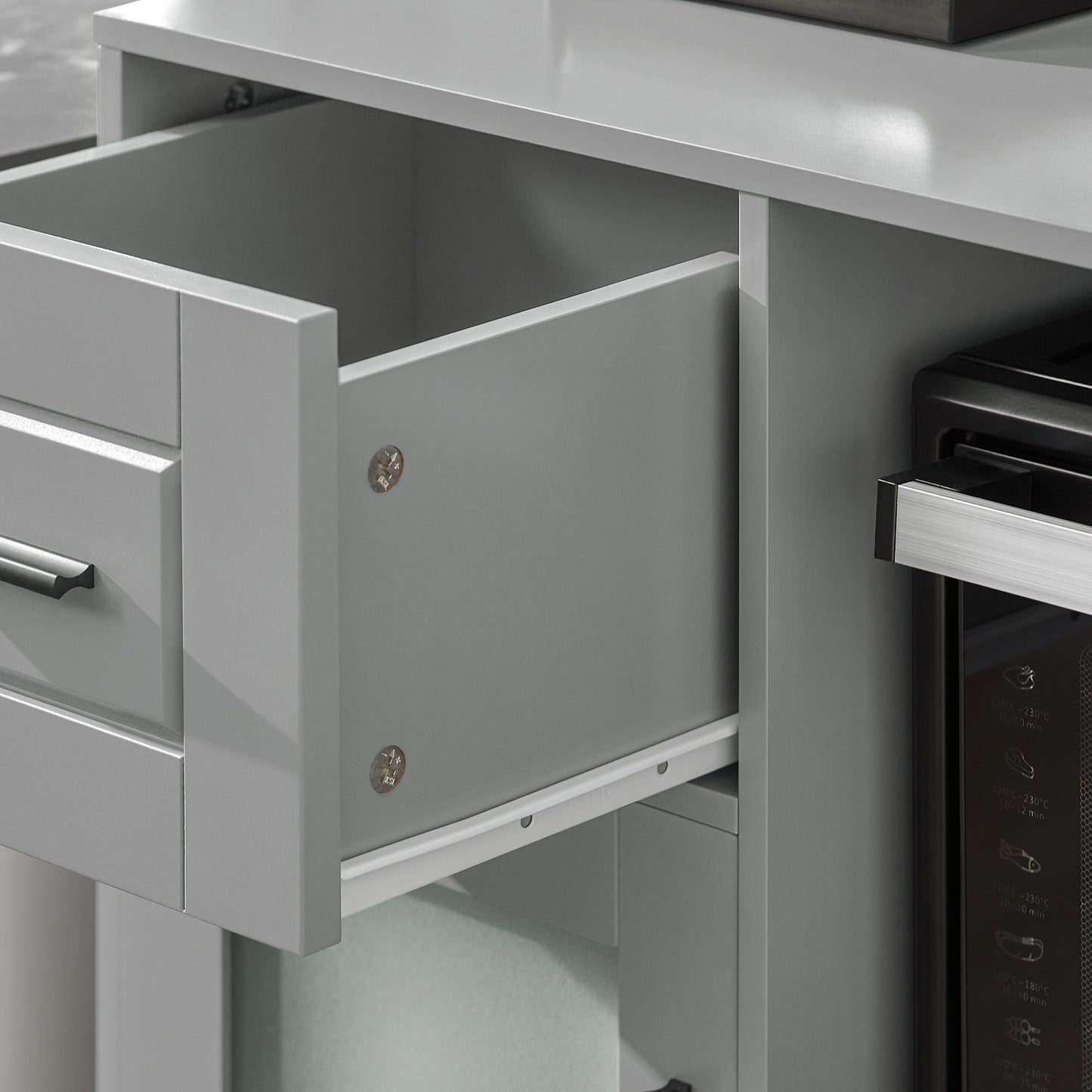 Keukenkastje op Wielen – Keukentrolley – Opbergkast – Servieskast – Rollende Kast – Verstelbare Plank – Grijs MDF & Glas – Draagkracht 60 kg