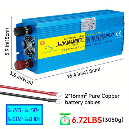 Spanningsomvormer – Omvormer – Inverter – Stroomomzetter – Converter – 12V naar 220V – Pure Sinusgolf – 2500W Continu Vermogen – 2 AC Stopcontacten met LCD Display
