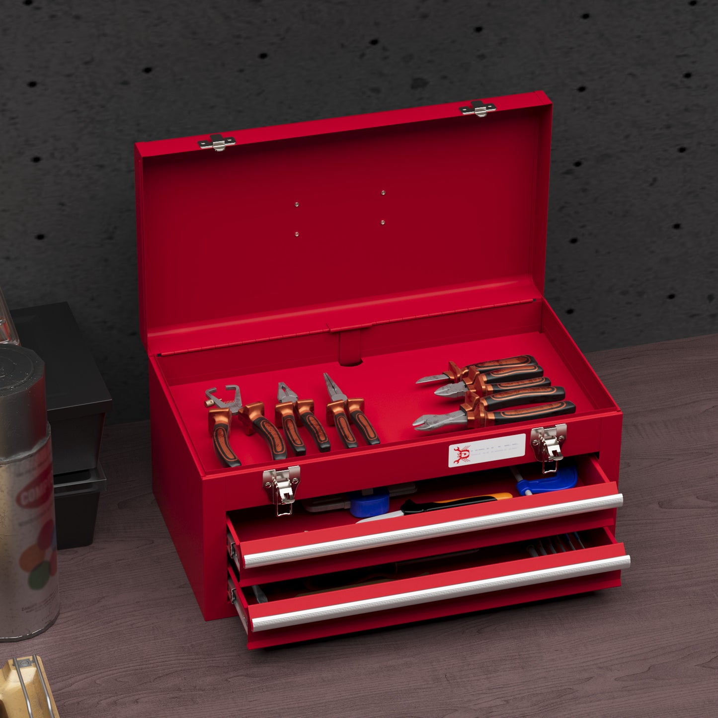 Gereedschapskist – Toolbox – Opbergkist – Werkplaatskist – Handkoffer – Rood – Compact 46x24x22 cm – Stevige Stalen Sluitingen