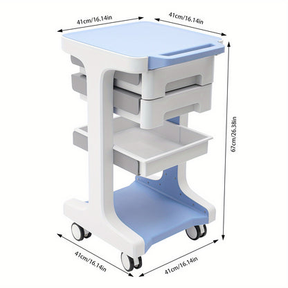 Beauty trolley – Make-upkoffer – Opbergtrolley – Kosmetiekoffer – Schoonheidstrolley – 3 lagen met 2 laden – Duurzaam ABS kunststof, 50 kg draagvermogen – Blauw/wit met remmende zwenkwielen