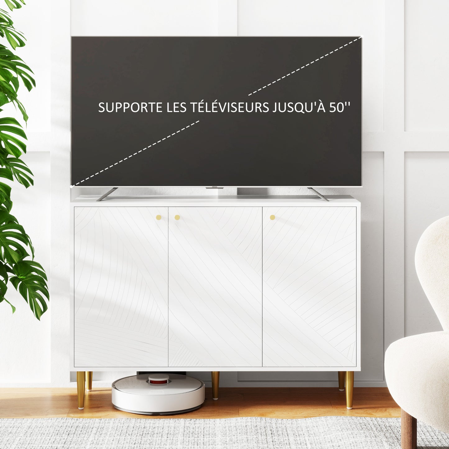 Dressoir – Opbergkast – Buffetkast – Ladekast – Kast – Wit Gelakt – Verstelbare Planken – Gouden Stalen Poten
