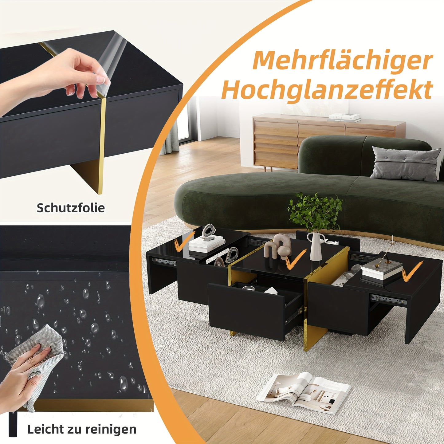 Salontafel – Koffietafel – Woonkamertafel – Bijzettafel – Uitschuifbare Tafel – Zwart – 4 Lades – Gouden Poot – Multifunctioneel – Laag Profiel