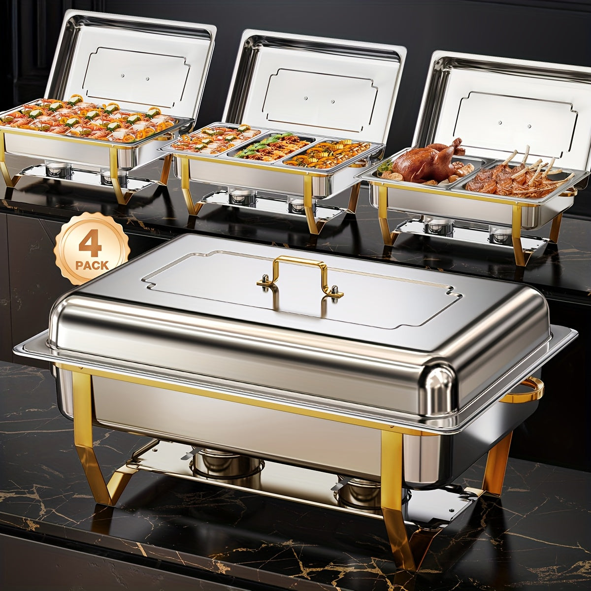 Chafing Dish – Buffetwarmer – Warmhoudplaat – Warmhoudbak – Rechaud – Roestvrij Staal – 9L Inhoud – Gouden Plating & Opvouwbaar Frame