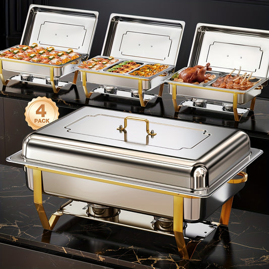 Chafing Dish – Buffetwarmer – Warmhoudplaat – Warmhoudbak – Rechaud – Roestvrij Staal – 9L Inhoud – Gouden Plating & Opvouwbaar Frame
