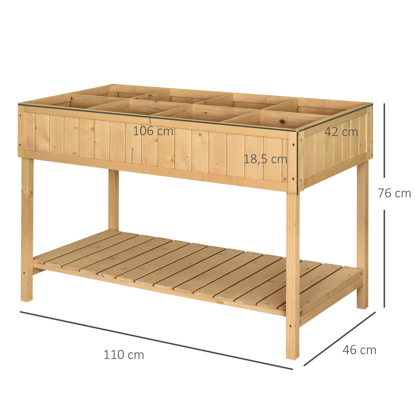 Houten Plantenbak – Bloembak – Plantenbak Met Voeten – Plantenbak Met Opbergrek – Plantenbak Met Irrigatie – 8 Compartimenten – 110x46x76 cm