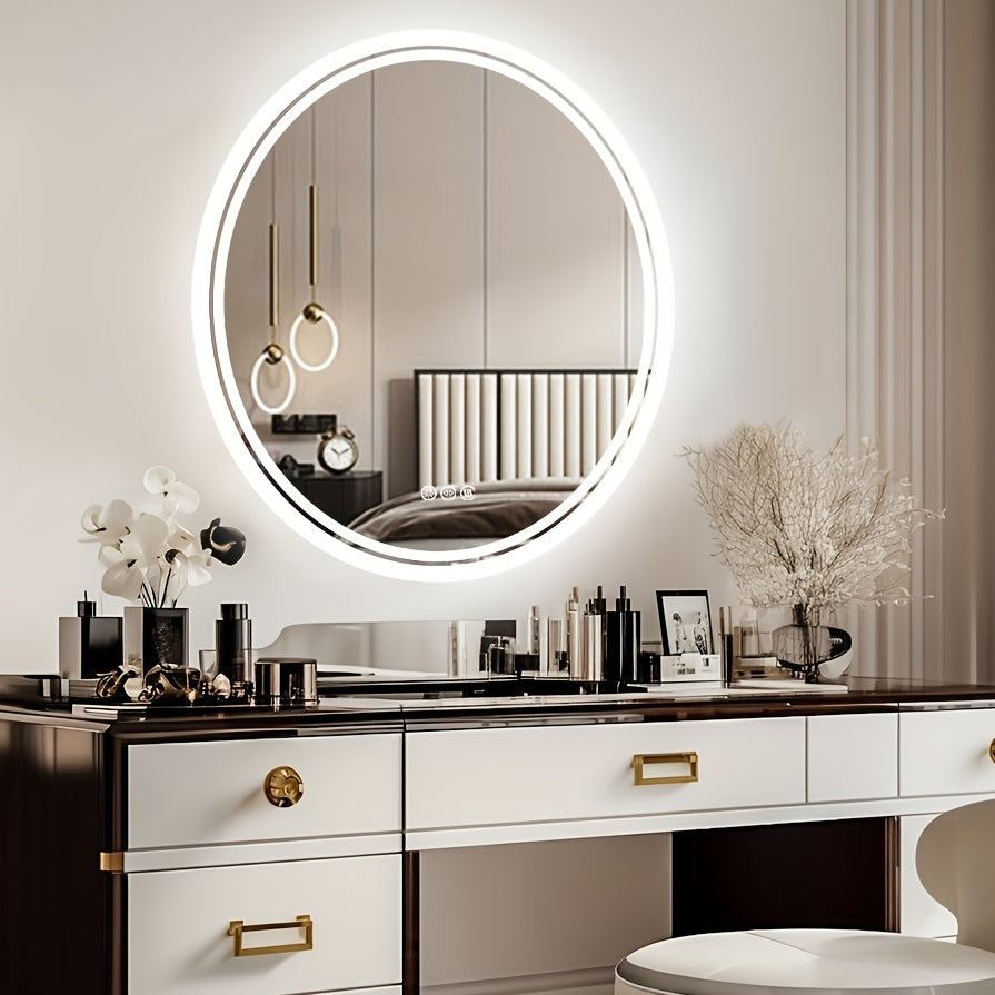 Round LED Bathroom Mirror, Dimmable Lighting, 60/80cm Backlit Anti-fog Makeup Wall Mirror, Smart Touch Button, Cold/Warm/Neutral Light, Memory Function Modern Shaving Mirror, with Frosted Edge, Bathroom Mirrors for Wall, Cont
