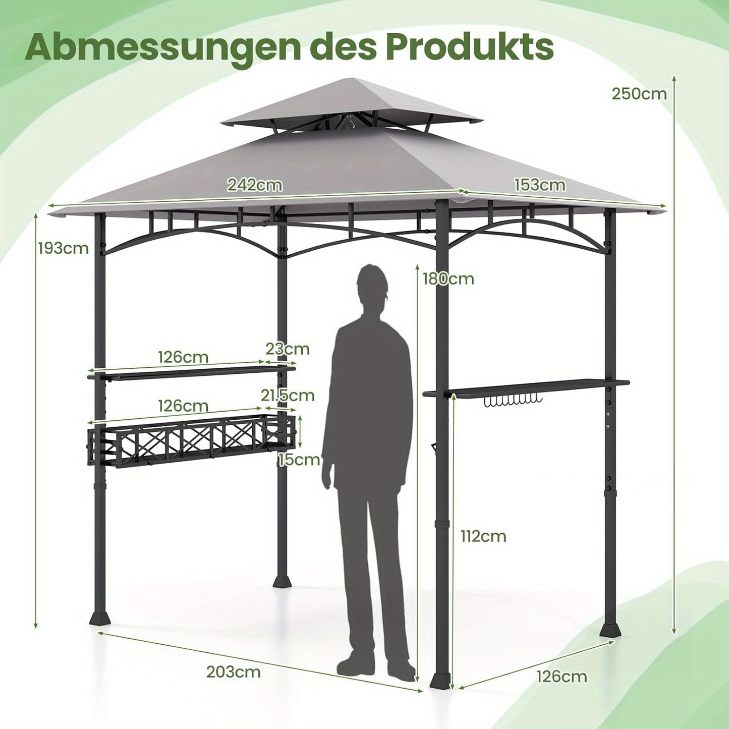 BBQ Grill Gazebo – Barbecue Overkapping – Buitenkeuken Tent – BBQ Schuur – Grill Shelter – Met 2 Zijplanken & Ophanghaken – Weerbestendig Met Dubbel Dak – 243x153cm