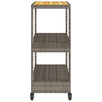 Keukentrolley 3-laags poly rattan en massief acaciahout grijs