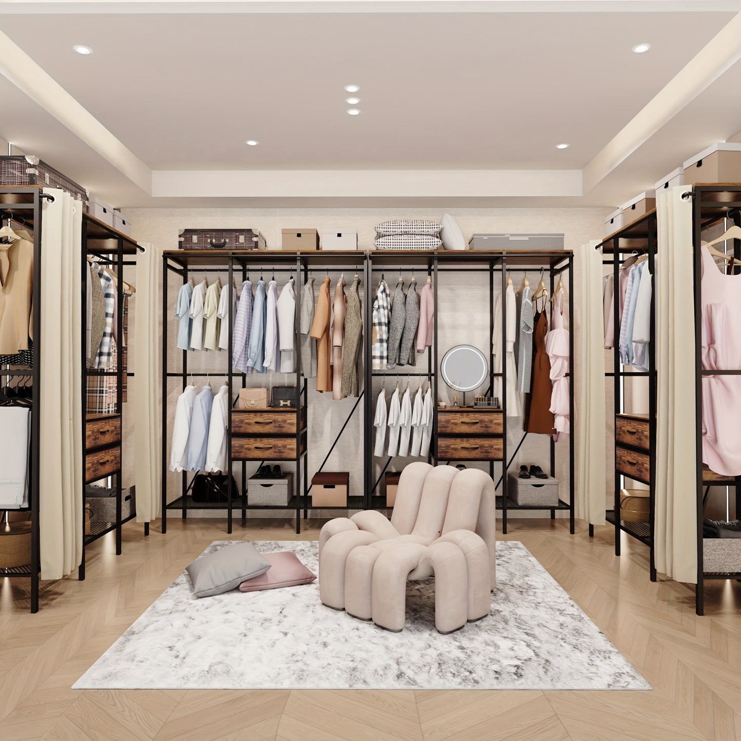 AESOME Heavy-Duty Luxury Wardrobe with Beige Dust-Proof Curtain & 3-in-1 Storage, Metal Frame, Anti-Fall Devices & 9-Compartment Drawers for Bedroom, Shop, Laundry Room