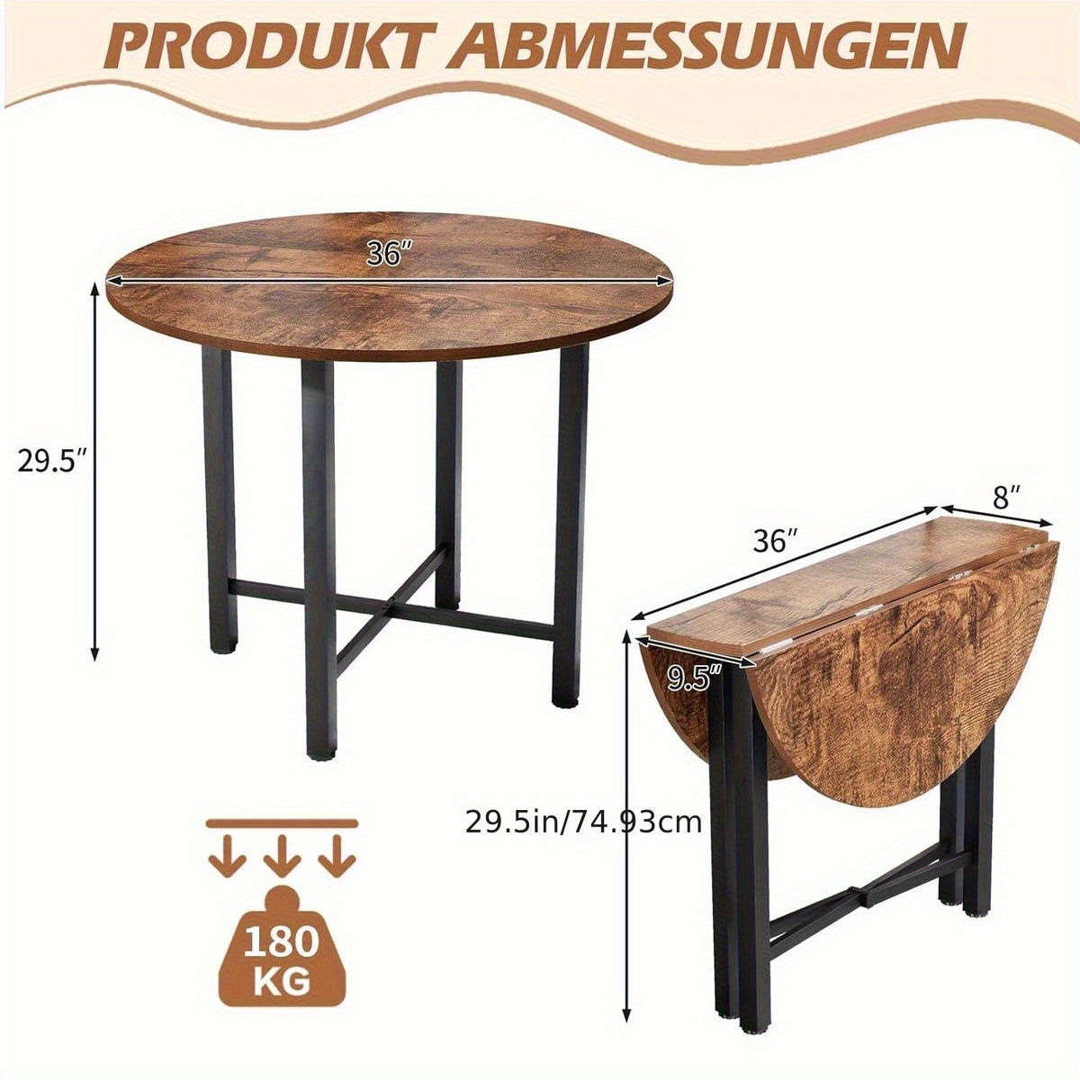 Foldable Round Dining Table - 75cm High, Brown Wooden Kitchen Table for 2-4 People, Rustic Style with Metal Legs, Engineered Wood Top, Perfect for Living Room or Dining Room, Easy Assembly, No Power Needed, Dining Table for Living Room, JoliJour