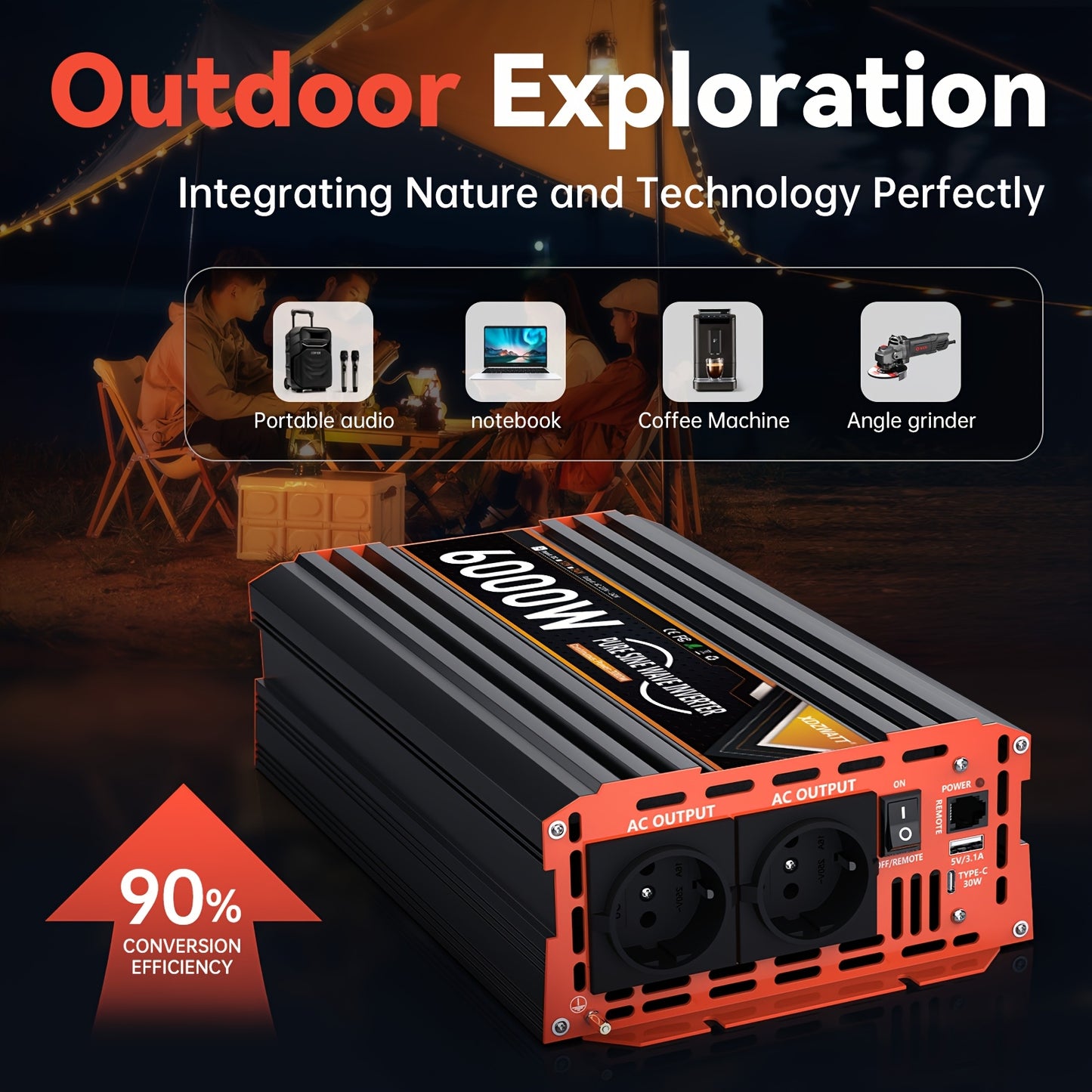 Omvormer – Spanningsomvormer – Stroomomzetter – Stroominverter – 24V 6000W EU – Pure Sinusgolf – 2 Stopcontacten met USB Type-C & LCD display