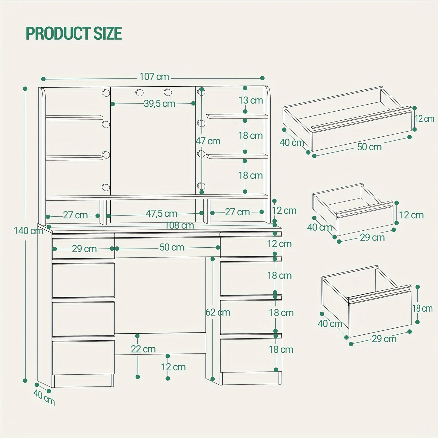 Make-up Tafel – Kaptafel – Visagie Tafel – Beauty Tafel – Make-up Bureau – Met 10 LED Lichtbollen – Grote HD Spiegel – Wit – Veel Opbergruimte – Instelbare Helderheid
