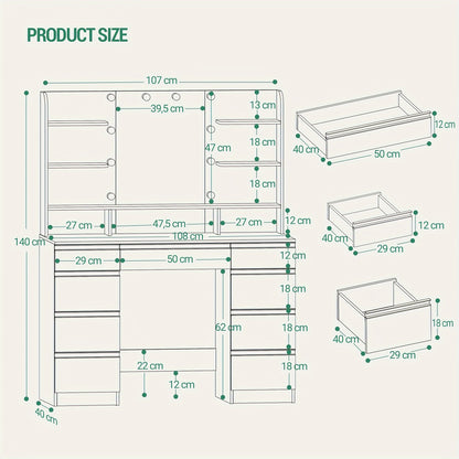 Make-up Tafel – Kaptafel – Visagie Tafel – Beauty Tafel – Make-up Bureau – Met 10 LED Lichtbollen – Grote HD Spiegel – Wit – Veel Opbergruimte – Instelbare Helderheid