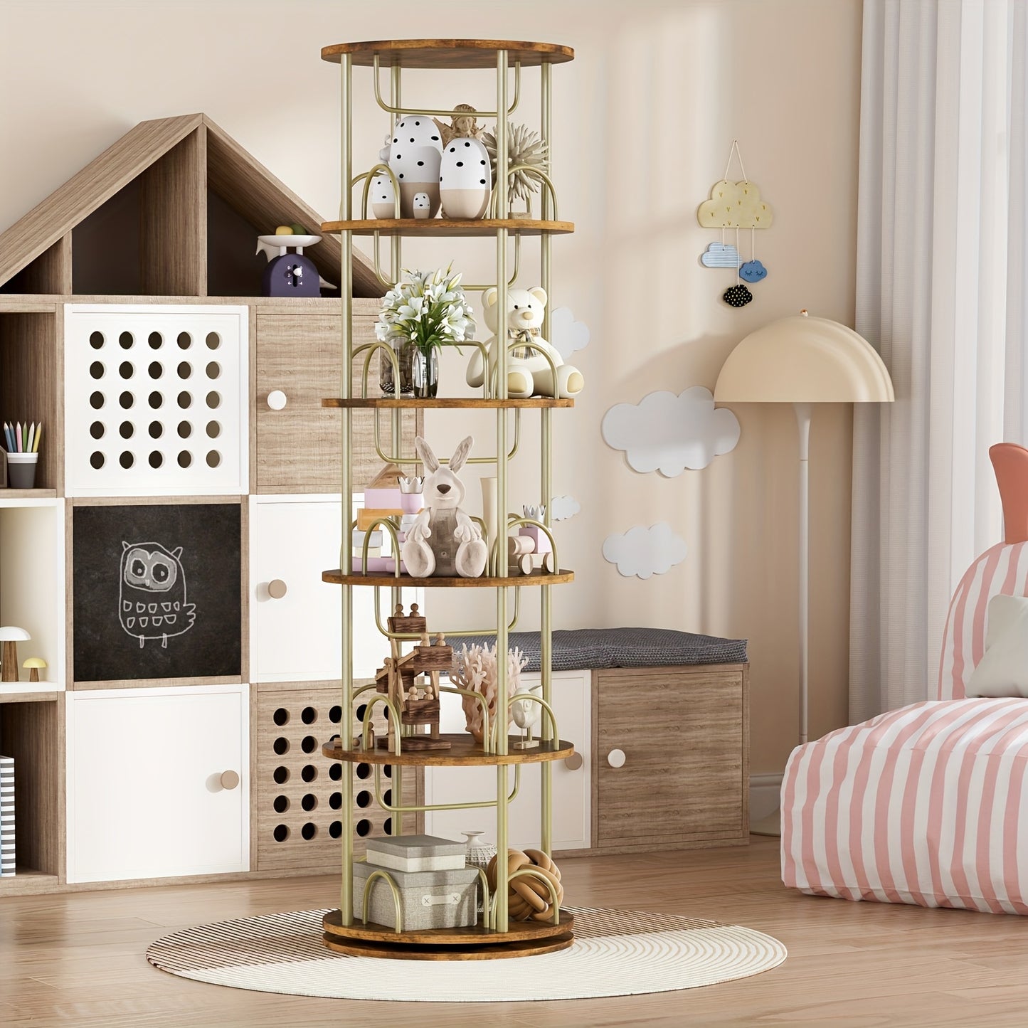 Boekenkast – Boekenrek – Opbergkast – Vakkenkast – Stellingkast – Draaibaar 360° – 5 Lagen Massief Hout – Rond Design