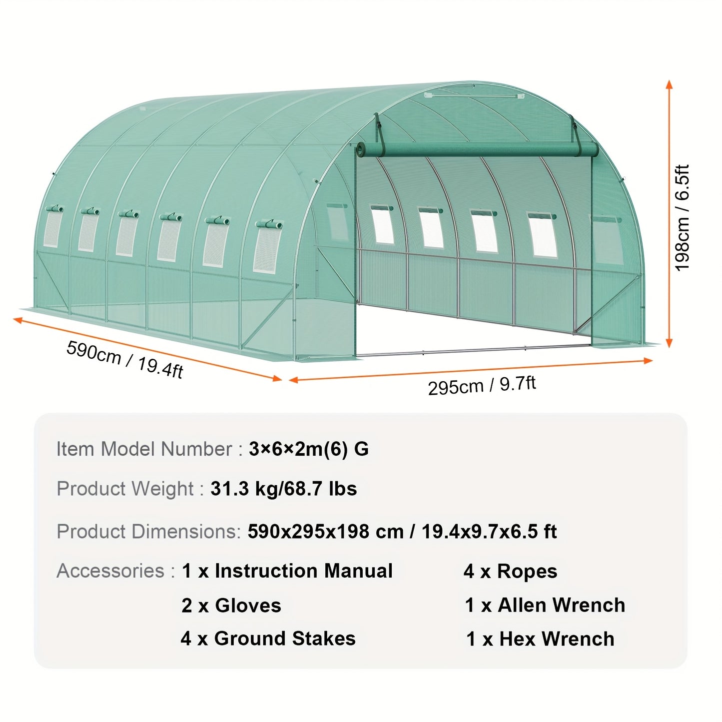 Tunnelkas – Walk-In Kas – Tuinkas – Groeikas – 609.6x304.8x213.36cm - Gegalvaniseerd Staal – 6 Meter Breedte – PE-Folie Cover - Groen