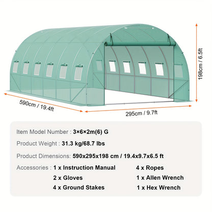 Tunnelkas – Walk-In Kas – Tuinkas – Groeikas – 609.6x304.8x213.36cm - Gegalvaniseerd Staal – 6 Meter Breedte – PE-Folie Cover - Groen