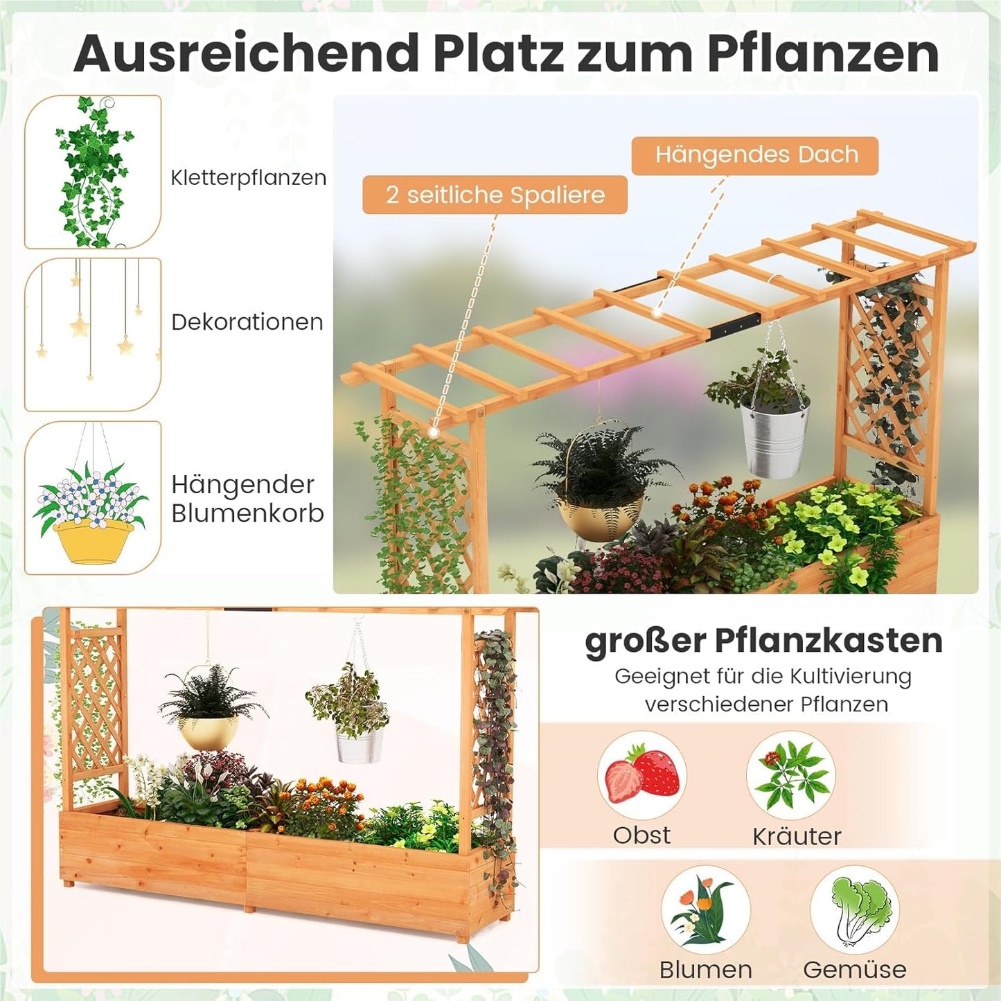 Houten Plantenbak – Verhoogde Bak – Klimrek – Bloembak – Plantenbak Met Dak – Groot Plantvak 200x44x114 cm – Weerbestendig Grenenhout
