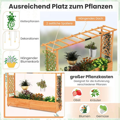 Houten Plantenbak – Verhoogde Bak – Klimrek – Bloembak – Plantenbak Met Dak – Groot Plantvak 200x44x114 cm – Weerbestendig Grenenhout