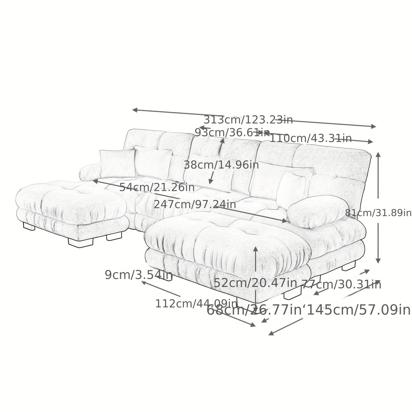 Luxury Oversized U-Shaped Sectional Sofa with Ottoman - Convertible Sofa Bed, Deep Seat Cloud Couch, Space-Saving Corner Suitable for Living Room, Apartment, Guest Room