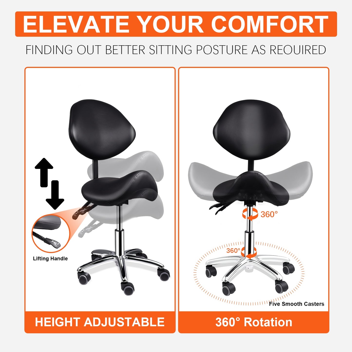 Werkkruk Zadelkruk Kruk Met Wieltjes Salonkruk Verstelbare Zadelstoel – Ergonomisch Zadelontwerp – Verstelbare Hoogte 52-68 cm – Stevige Zwenkwieltjes – Zwart/Wit