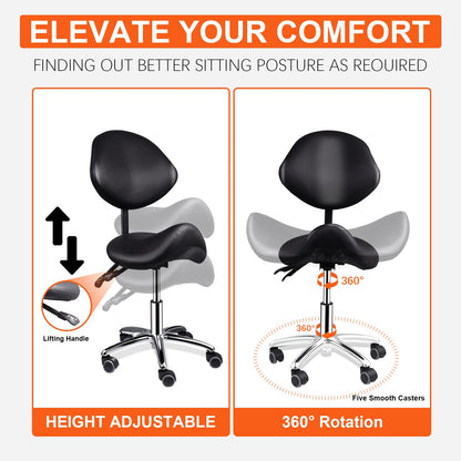 Werkkruk Zadelkruk Kruk Met Wieltjes Salonkruk Verstelbare Zadelstoel – Ergonomisch Zadelontwerp – Verstelbare Hoogte 52-68 cm – Stevige Zwenkwieltjes – Zwart/Wit