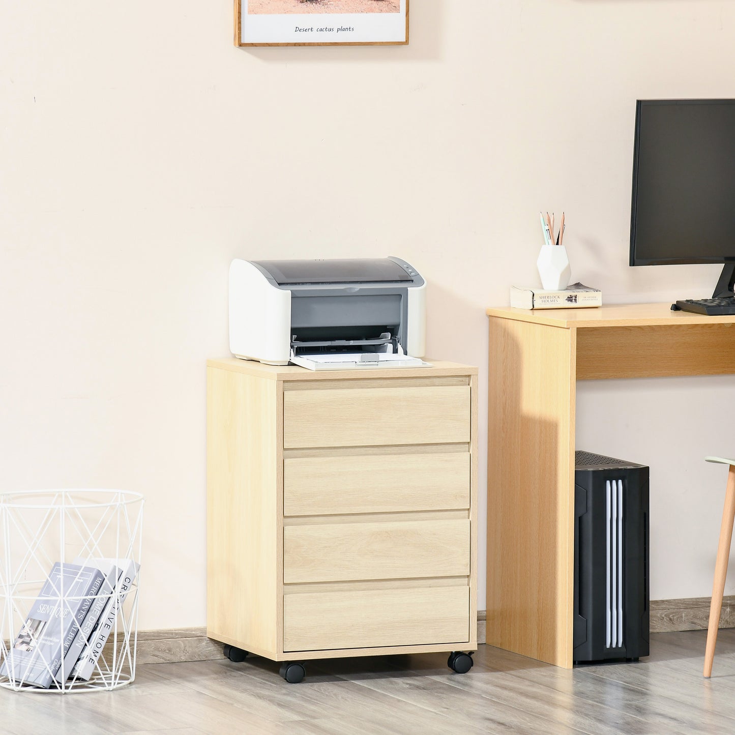 Ladekast op Wieltjes – Opbergkast – Bureaukast – Ladenblok – Kantoorkast – Natuurlijk Houtdecor – 4 Schuifladen – Wieltjes met Rem