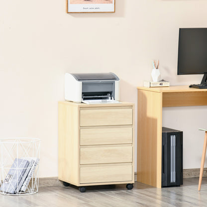 Ladekast op Wieltjes – Opbergkast – Bureaukast – Ladenblok – Kantoorkast – Natuurlijk Houtdecor – 4 Schuifladen – Wieltjes met Rem