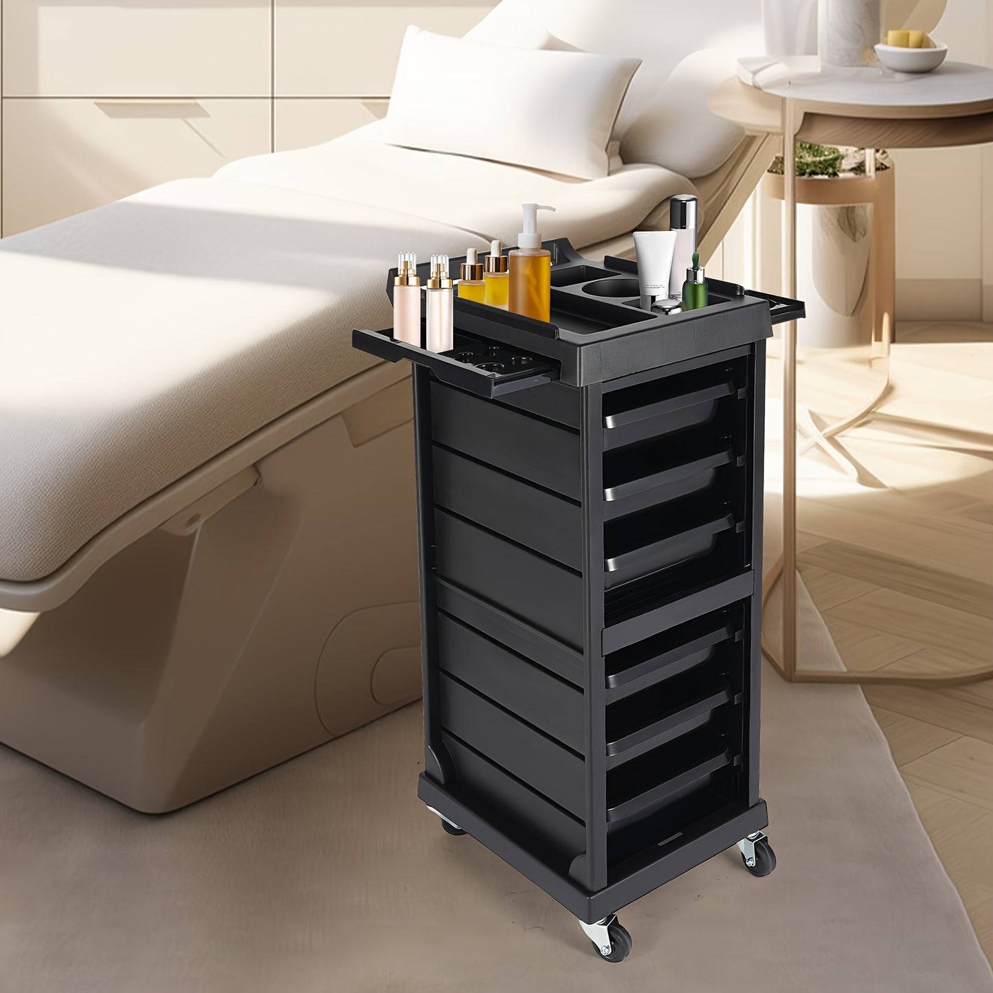 Opbergtrolley – Salonwagen – Beauty Trolley – Kapperswagen – Rollcontainer – Mobiel en Stabiel – 7 Niveaus Opbergruimte – Zwart Kunststof