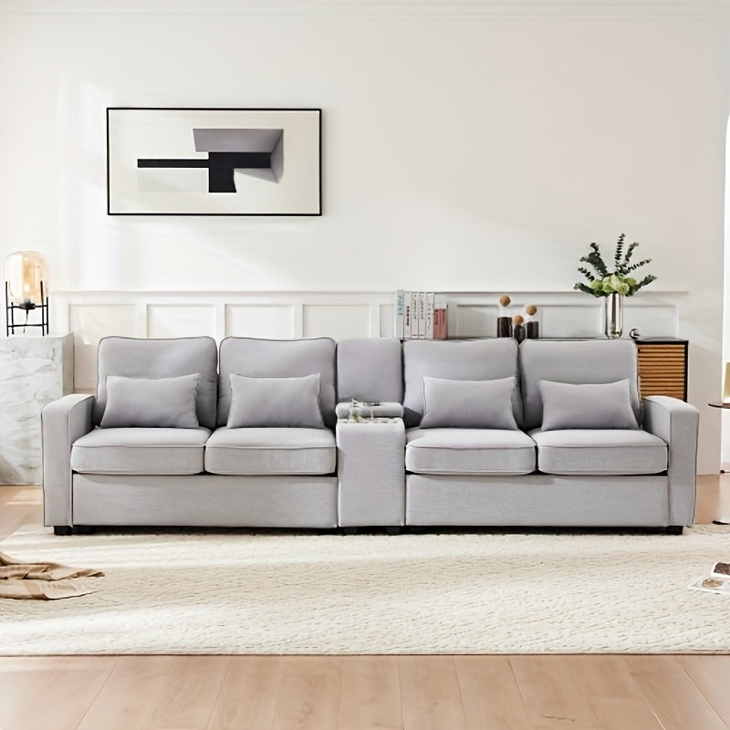 Bankstel – Zithoekbank – Hoekbank – Slaapbank – 4-zitsbank – Grijze Stof – Opbergruimte met Bekerhouders – Comfortabele Zitting