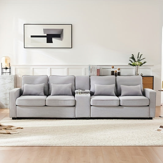 Bankstel – Zithoekbank – Hoekbank – Slaapbank – 4-zitsbank – Grijze Stof – Opbergruimte met Bekerhouders – Comfortabele Zitting