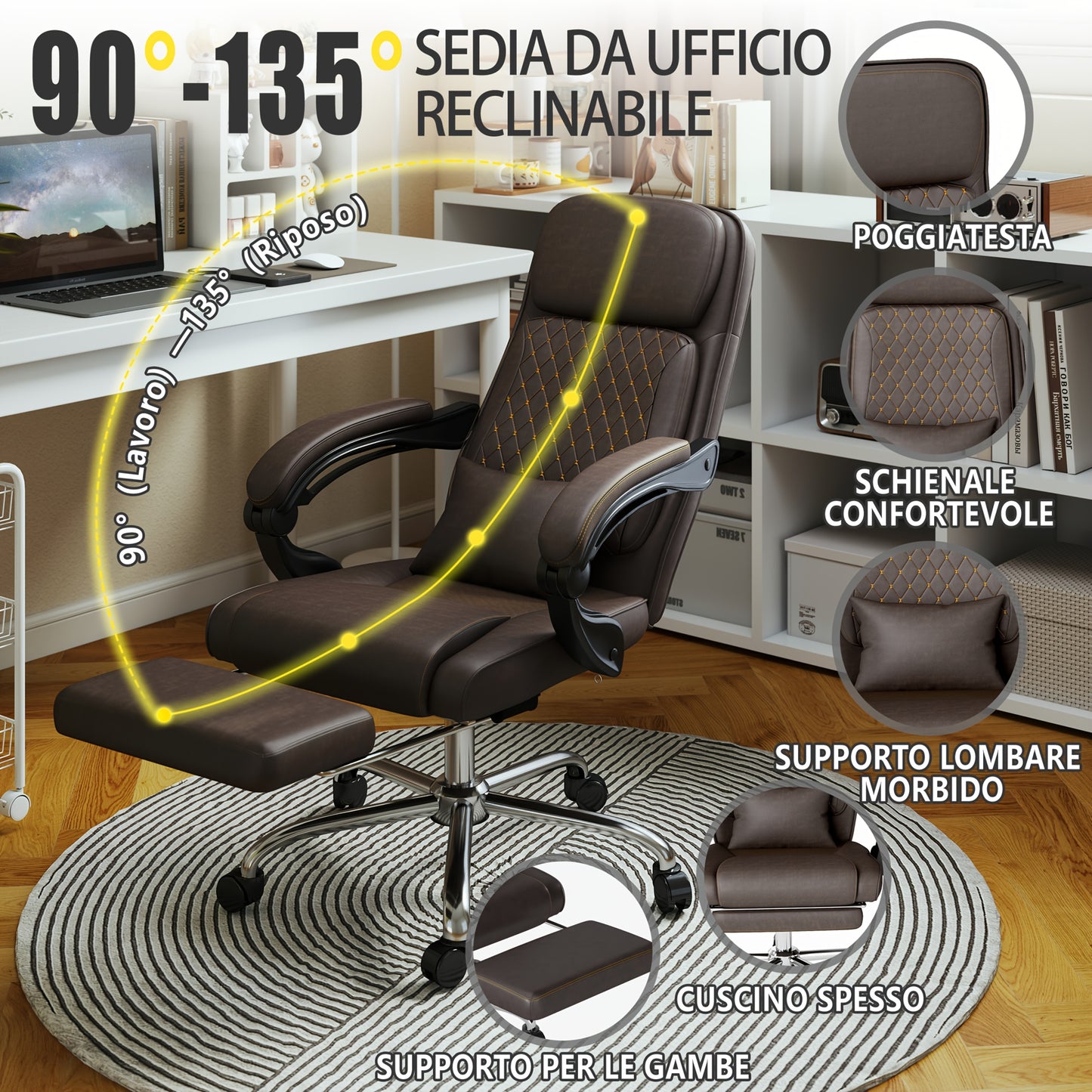 Bureaustoel – Bureaustoelen – Gamestoel – Office Chair – Computerstoel – Ergonomisch Design – Verstelbare Zithoogte – Met Voetensteun – PU Leren Bekleding – Met Metalen Frame – Bruin