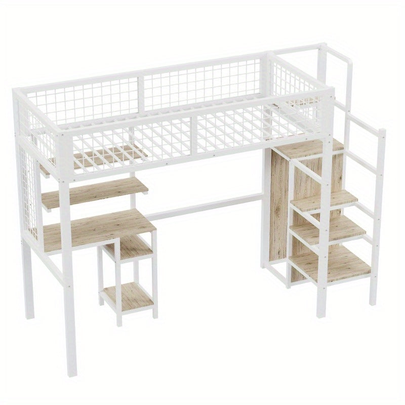 Hoogslaper – Kinderhoogslaper – Stapelbed – Eenpersoonsbed – Kinderbed – Met Veiligheidsladder – Metalen Kledingkast en Wit Bureau – 90x200 cm – Ruimtebesparend Design