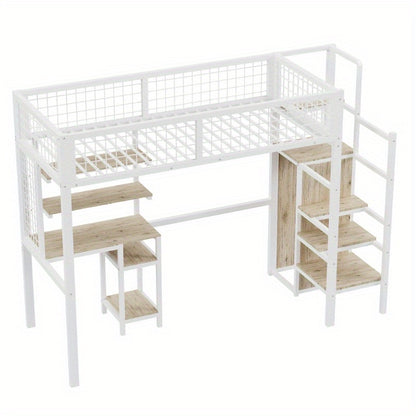 Hoogslaper – Kinderhoogslaper – Stapelbed – Eenpersoonsbed – Kinderbed – Met Veiligheidsladder – Metalen Kledingkast en Wit Bureau – 90x200 cm – Ruimtebesparend Design