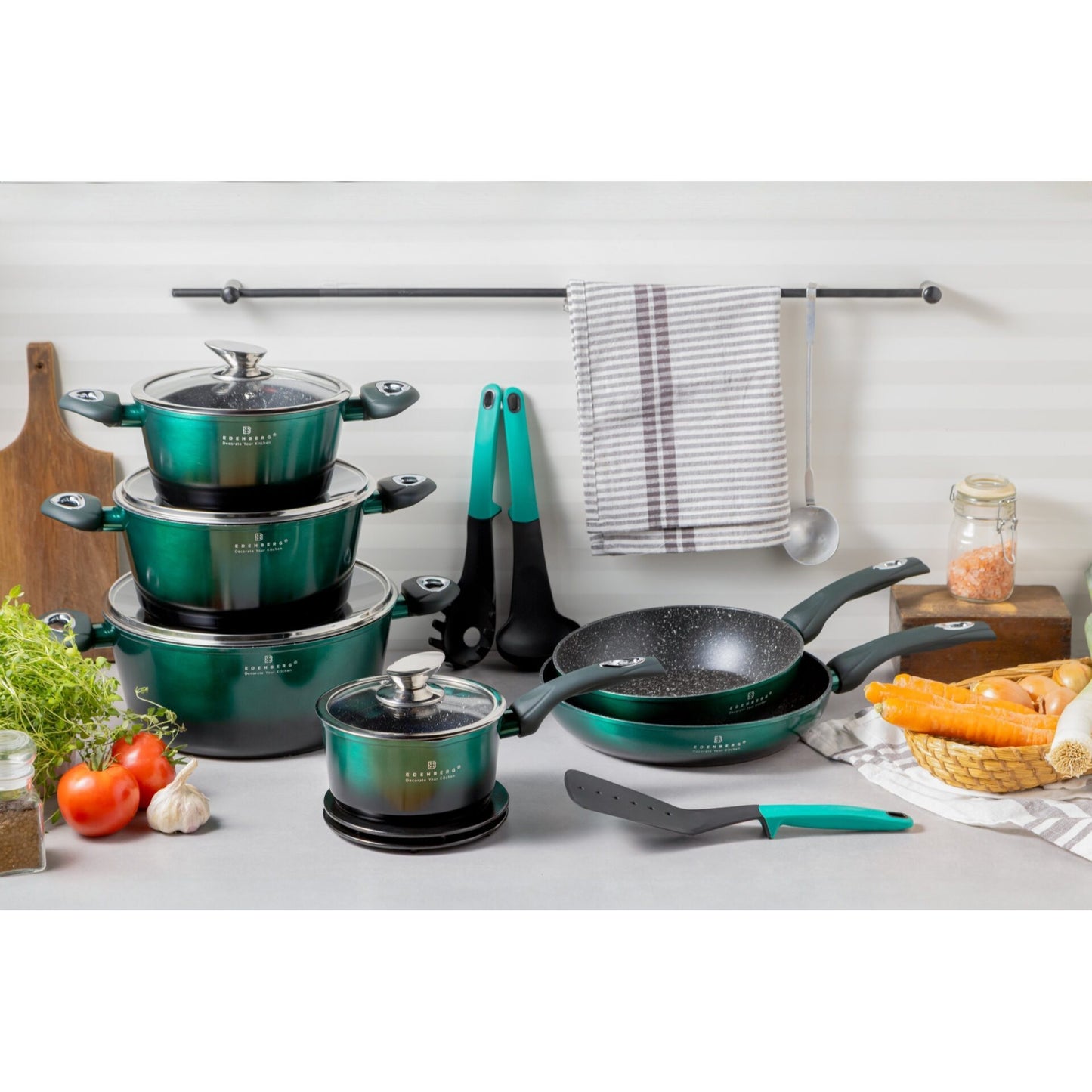 Edenberg 15-Piece Ceramic and Marble Cookware Set with Kitchen Accessories | Induction Cookware Set | Coated Pots and Pans | Cookware Set | Induction Cookware | Pot | Pan | Suitable for All Stove Types | EB-5628