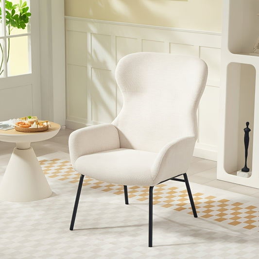 Fauteuil – Lounge Stoel – Zithoekstoel – Leesstoel – Accentstoel – Crème Wit Gestoffeerd – Dik Foamkussen – Zwart Stalen Onderstel