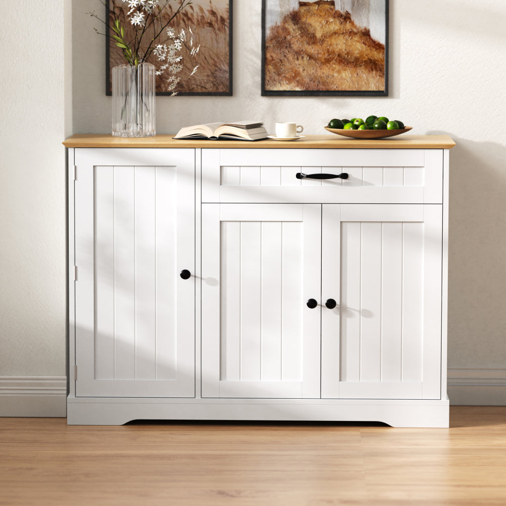 Dressoirkast – Dressoir – Opbergkast – Kasten – Buffetkast – Wit Met Natuurlijke Houtlook – 3 Deuren En 3 Lades – Onderhoudsvriendelijk En Veel Opbergruimte