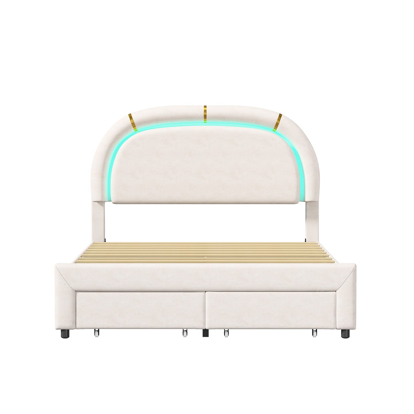 Upholstered Bed 140x200, Double Bed with Semi-Round Headboard, Adjustable Headboard, Storage Bed with 2 Drawers, Bed with Slatted Base, Single Bed, Beige