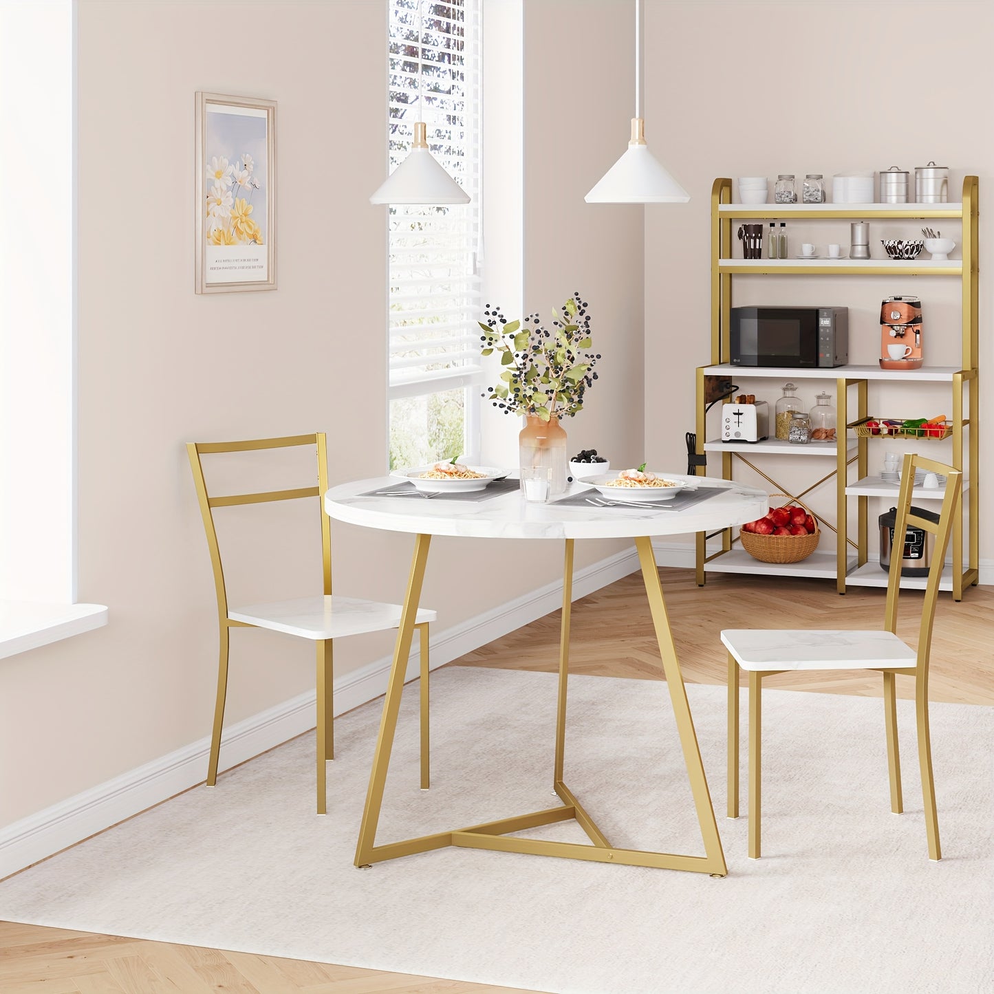 Eettafelset – Eettafel – Eetkamerset – Keukentafel – Zitgroep – Ronde Tafel 80 cm – 2 Gestoffeerde Stoelen – Gouden Metalen Frame – Wit MDF Tafelblad – Compact & Ruimtebesparend – Duurzaam Hout-Metaal
