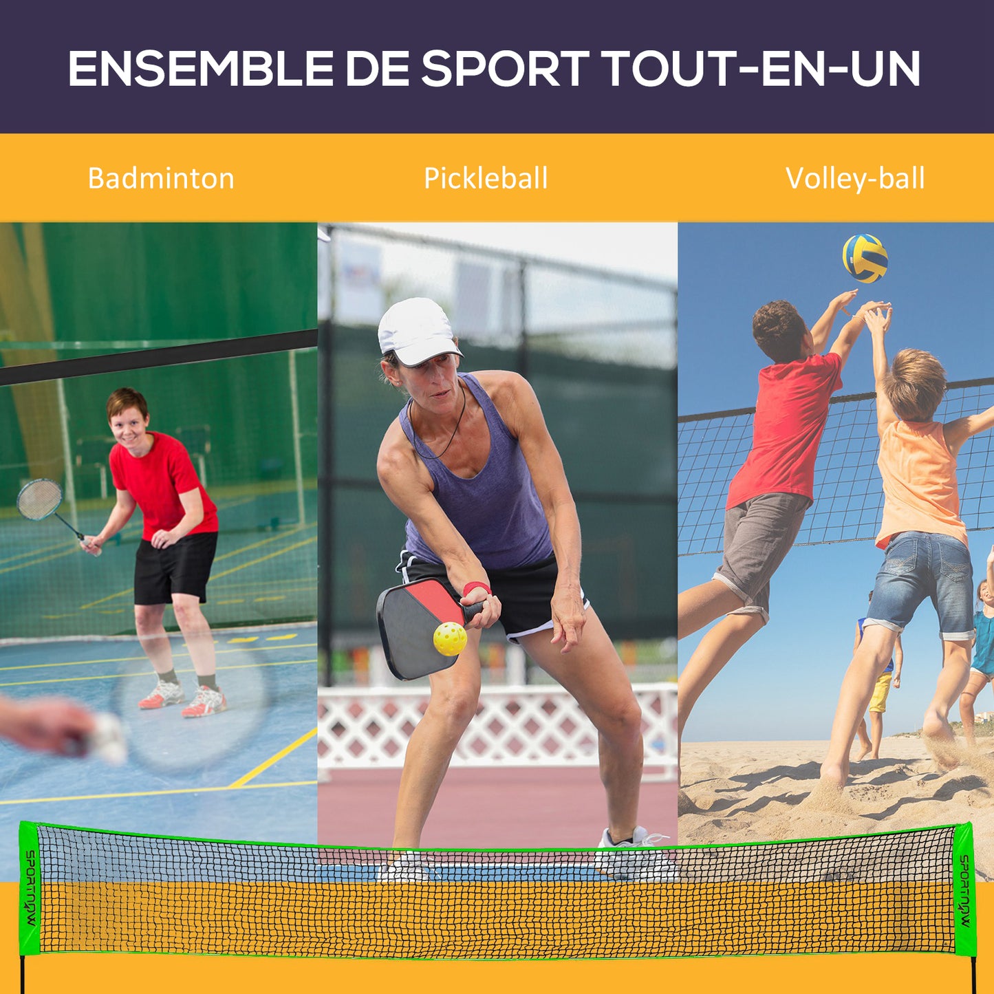 Badmintonnet – Pickleball Net – Volleyball Net – Sportnet – Multisport Set – Verstelbaar Net 107-155 cm – Duurzaam PE Materiaal