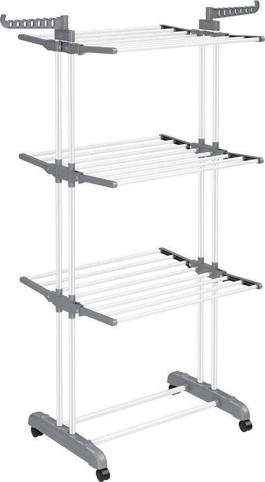 Droogrek - Staand droogrek - 4 niveaus - Vleugelwasrek - Opvouwbare vleugels - Met wielen - 64 x 126 x 172 cm - Grijs