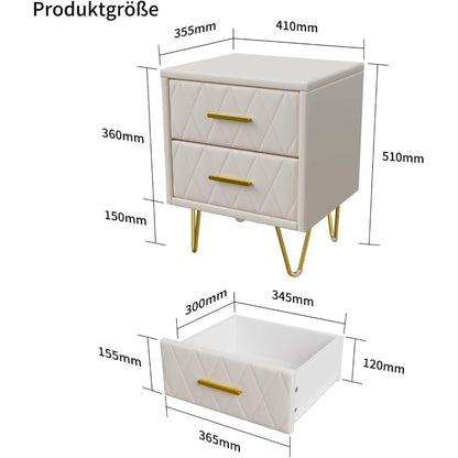 Nachtkastje – Bijzettafel – Bedtafel – Opbergkastje – Set Van 2 – Beige Met Gouden Metalen Poten – 2 Ruime Lades – Compact 41x36x51 cm